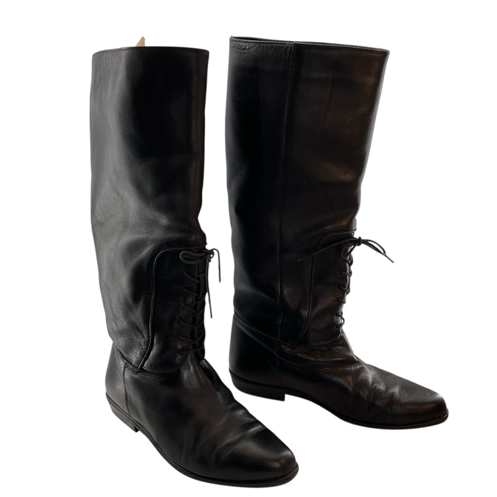 vtg SAVIDA sz 7 Leather Knee High Boots Tie Front Flat Heel Slip On Black